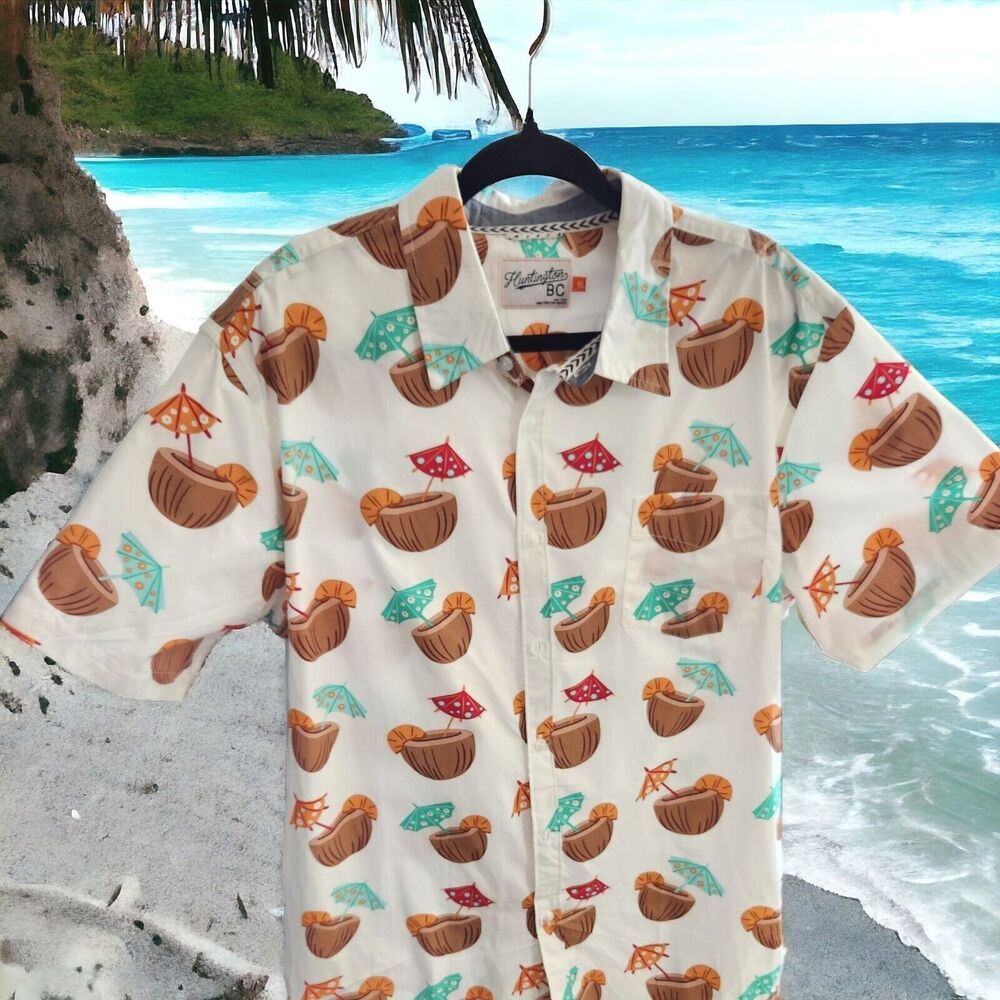 Huntington Beach Club Mens Shirt Tropical Hawaiian Short Sleeve Button Up XL